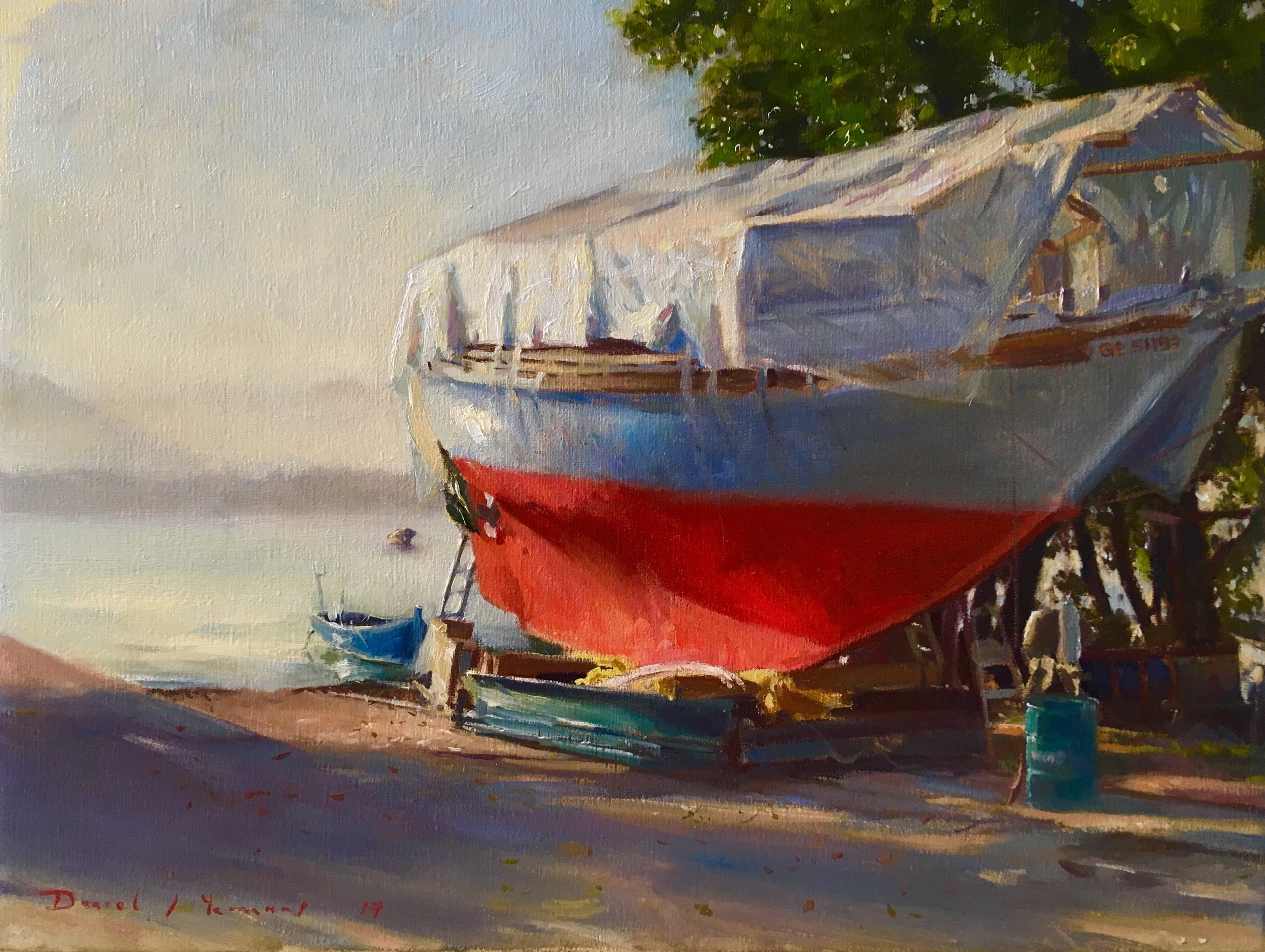 oil painting of early morning at the boatyard - lac leman