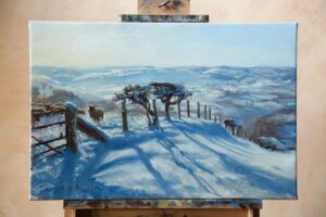 Painting of a fence line in the snow . Wales