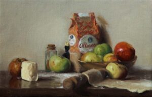still life painting of apples, pastry and pie ingredients