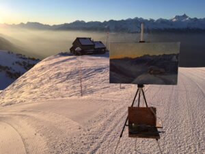 adding final touches to the painting . Cabane des violettes, Swiss Alps
