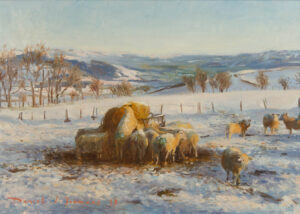 A painting of sheep in snow on the Kerry Ridgeway