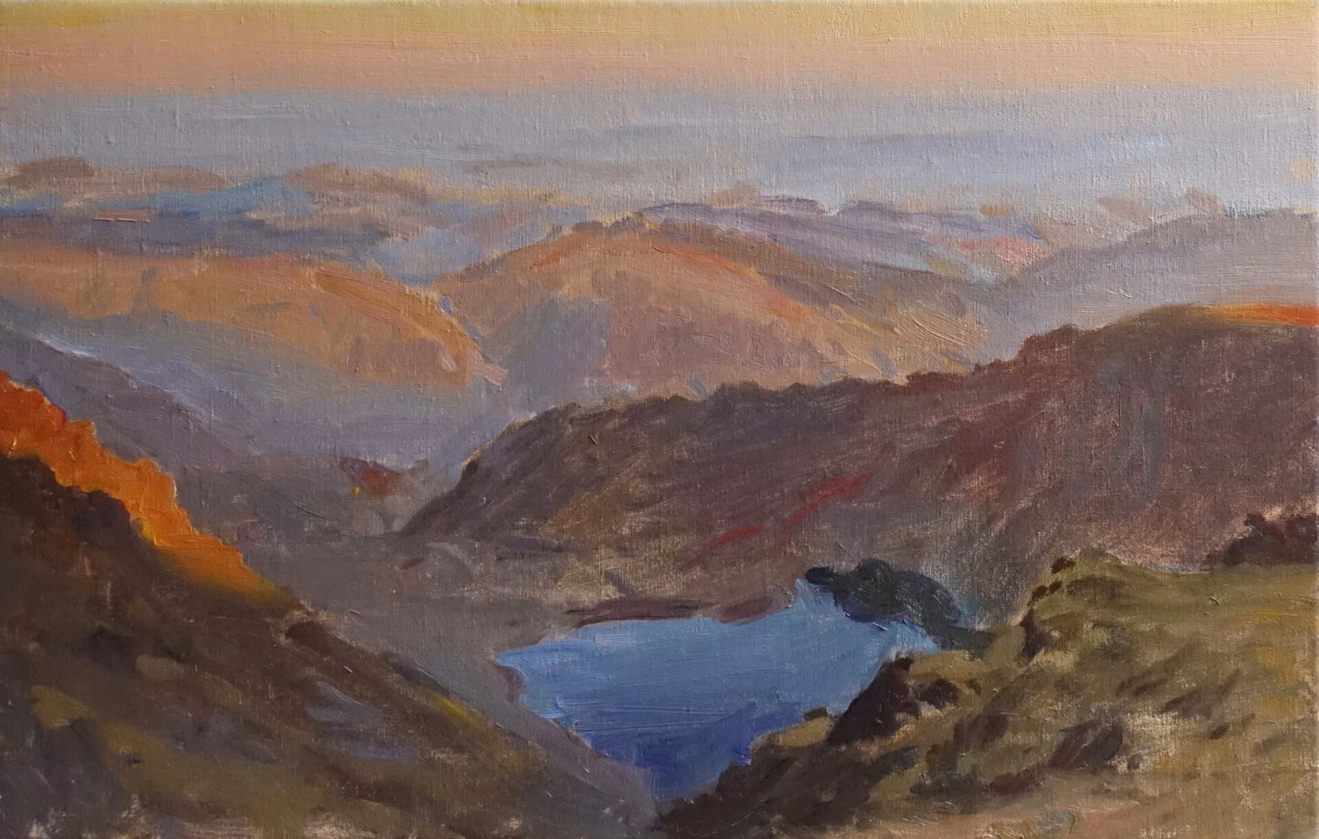 An oil painting of Llyn Can from the top of Cadair Idris