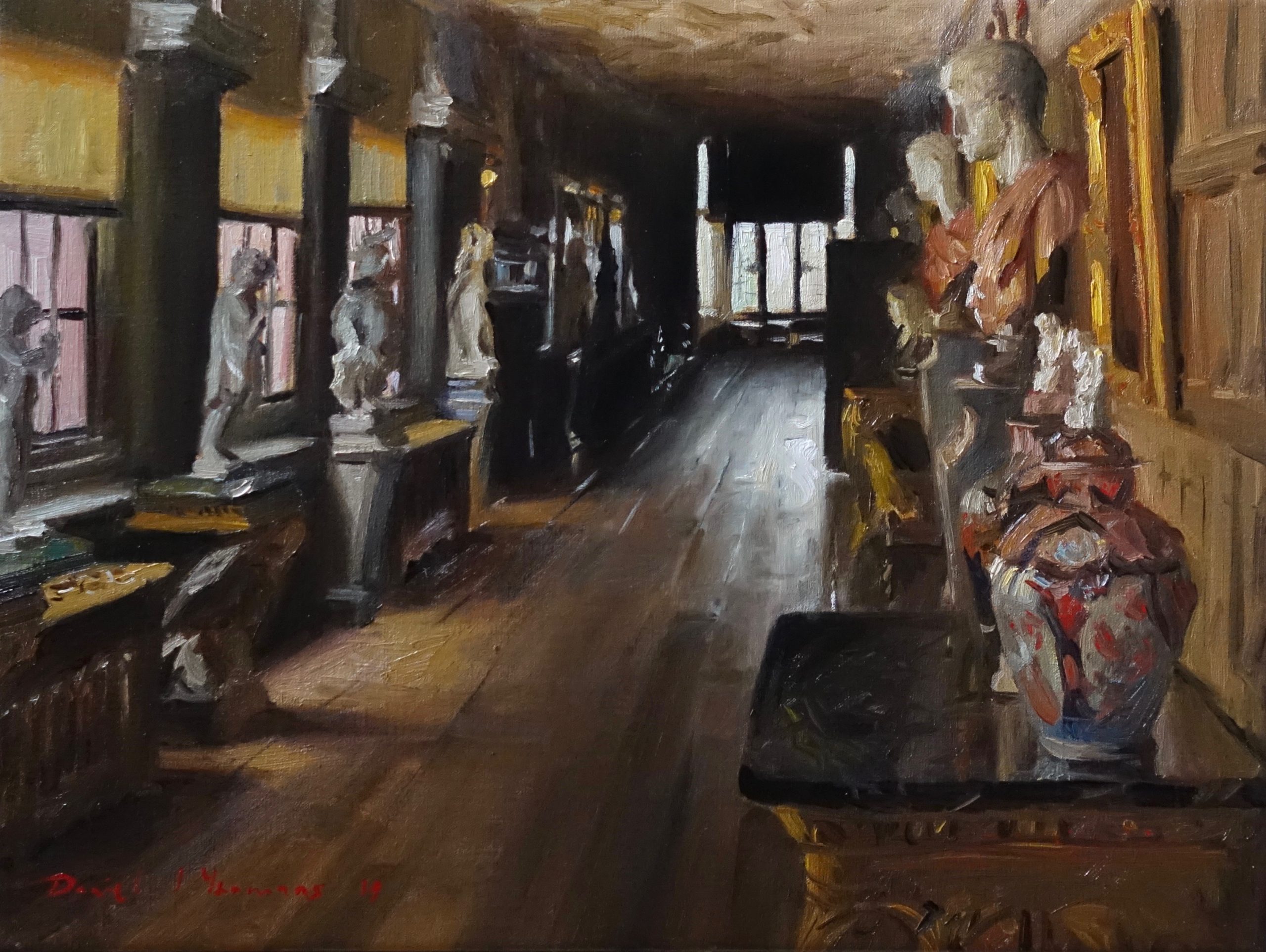 An oil painting titled ' The 12 Caesars' of the Long gallery at Powys Castle