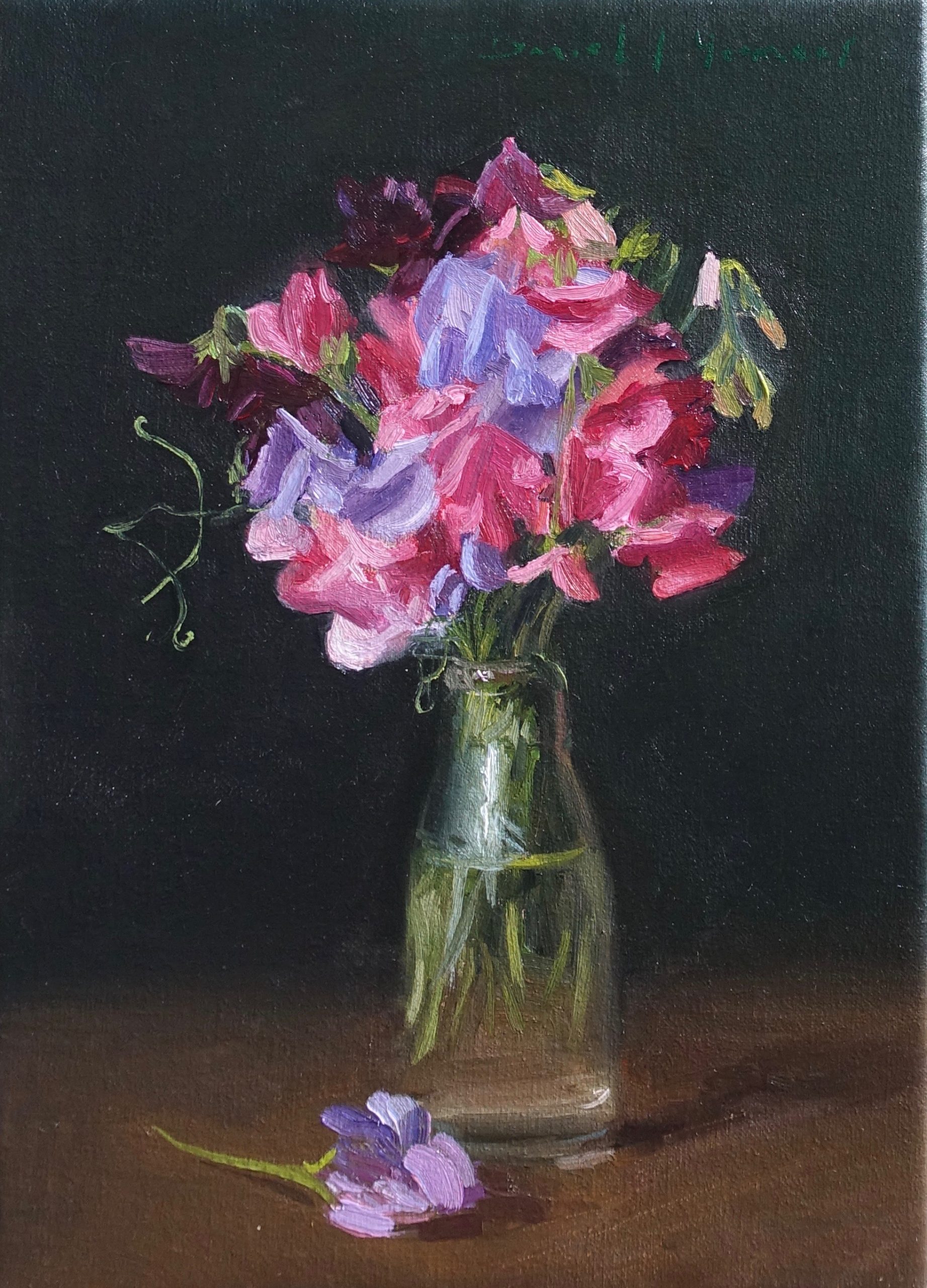 still life painting of Sweet peas in a bottle