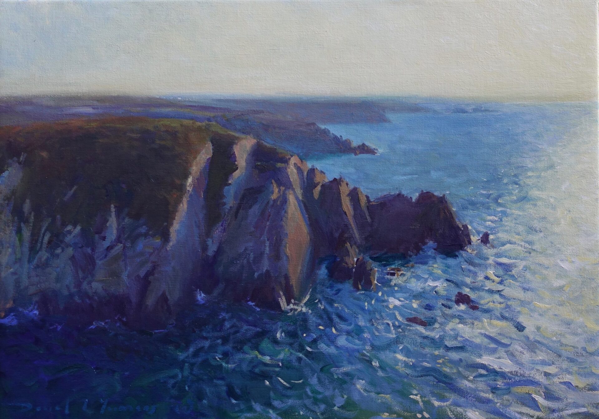 An oil painting of cliffs at Porthclais Harbour in the morning light