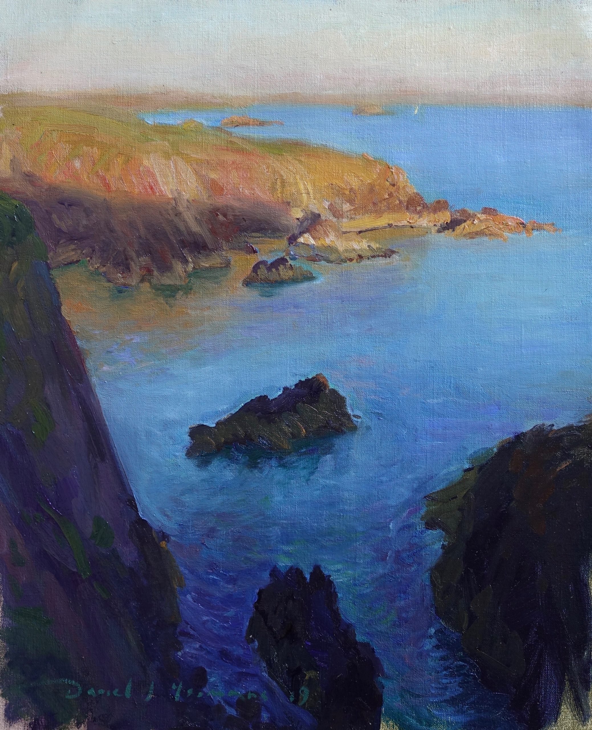 oil painting of evening sun effect on the cliffs by St Davids, Pembrokeshire