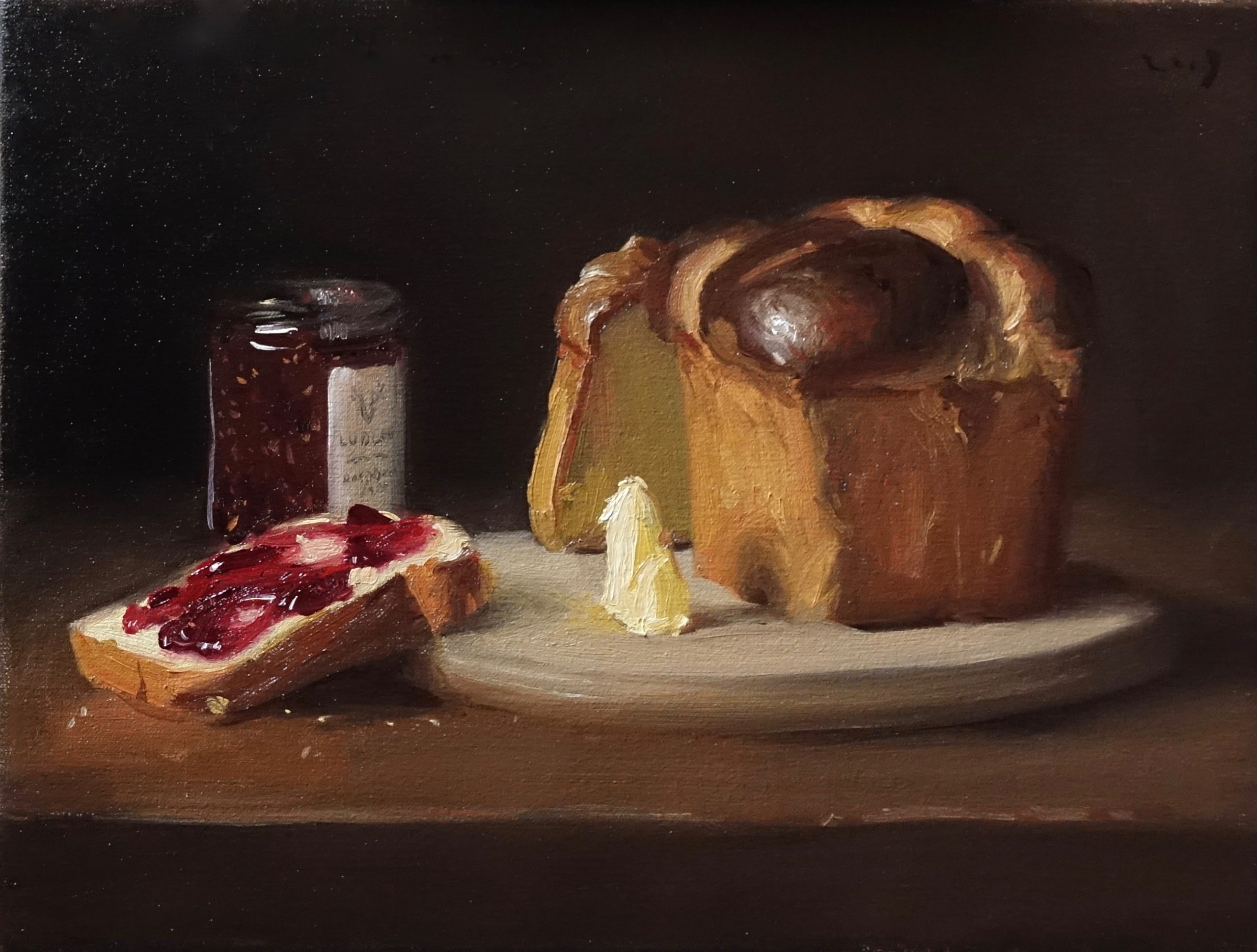 oil painting of Ludlow farm Brioche with butter and jam . oil on canvas. for sale