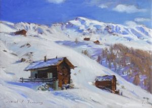 oil painting of mountain huts in La Sage, Val D'hérens