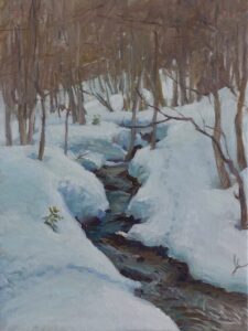 oil painting of a winter stream in the woods. Champery by Daniel J Yeomans