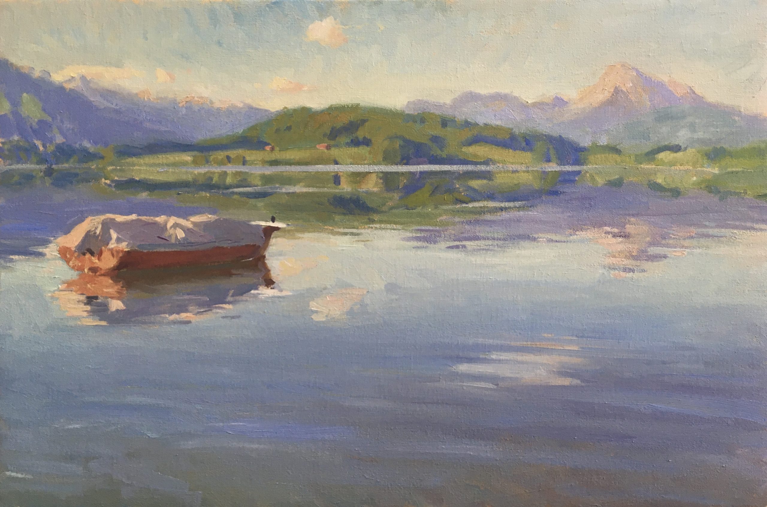 picture showing an oil painting of Lac de la Gruyere by Artist Daniel J Yeomans