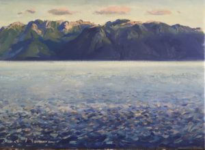 showing an oil painting by D J Yeomans of Lac Leman with evening light.