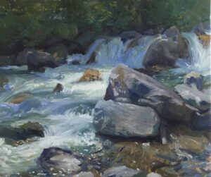 oil painting of a mountain torrent in Champéry,