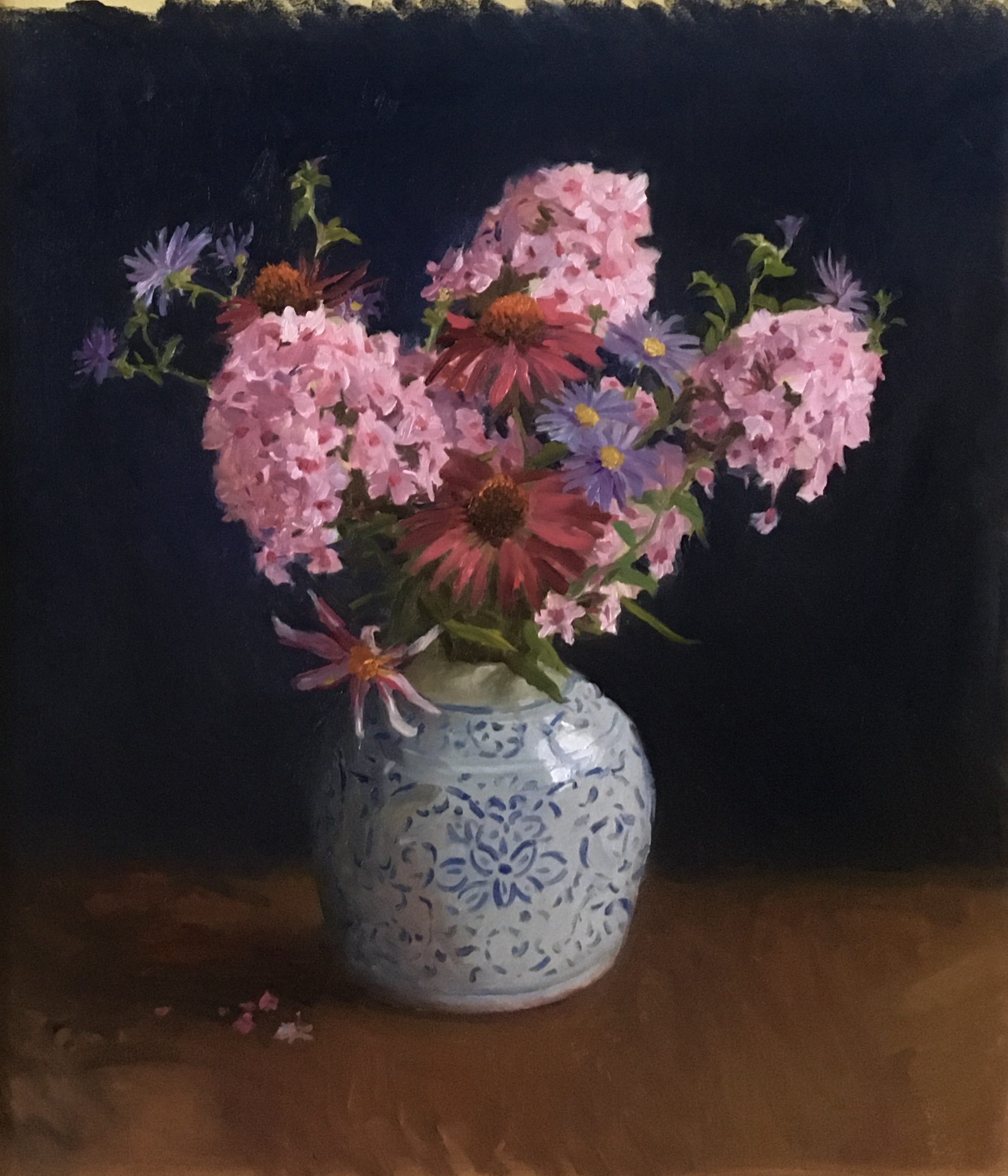 Oil painting of a vase of flowers picked from Lord & Lady Hague's walled garden