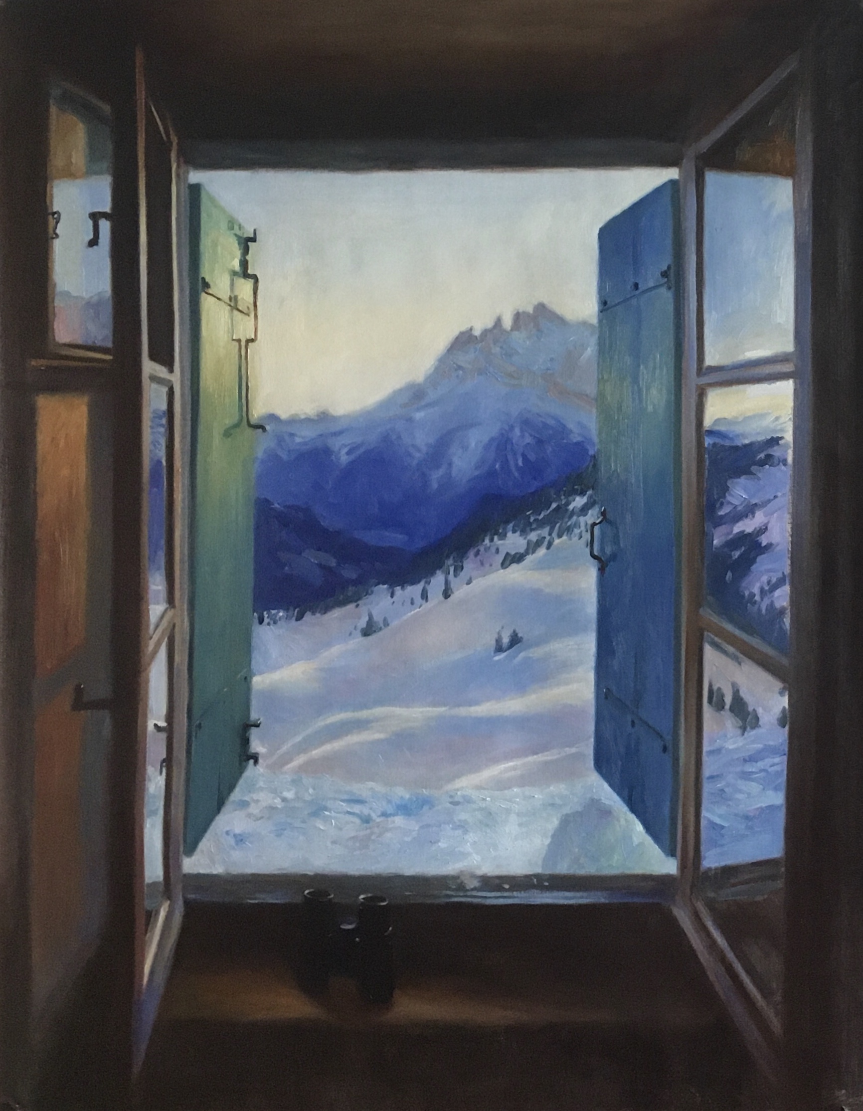A Cabin View of Dents du Midi. Oil painting on canvas
