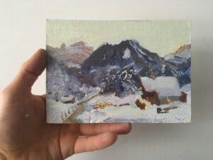 Les Rives, Wintery postcard painting
