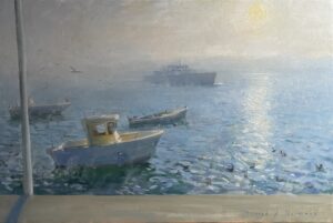 oil painting of Fishing boats with rising fog. Lac Léman