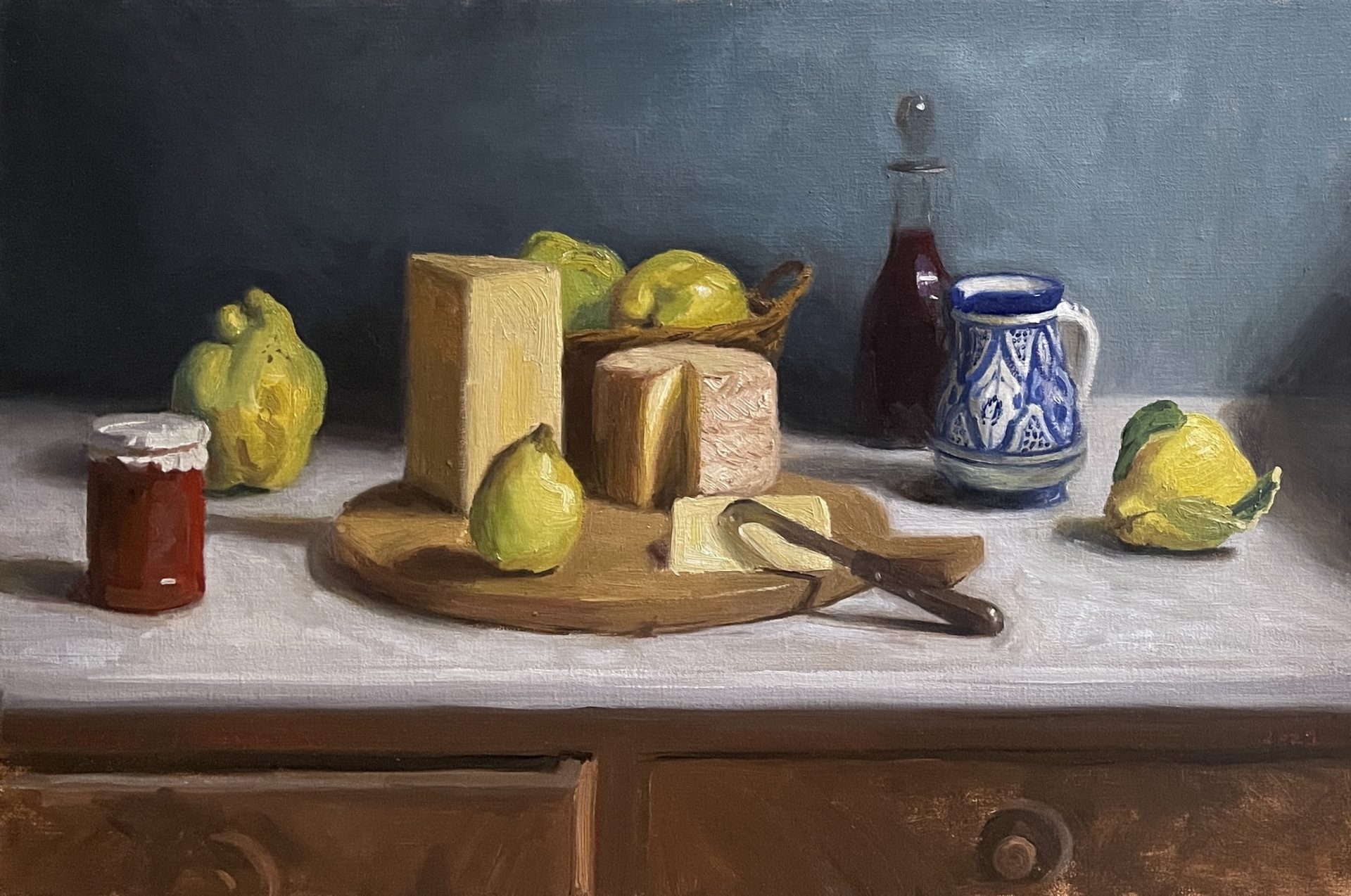 Cheese and Quince still life painting
