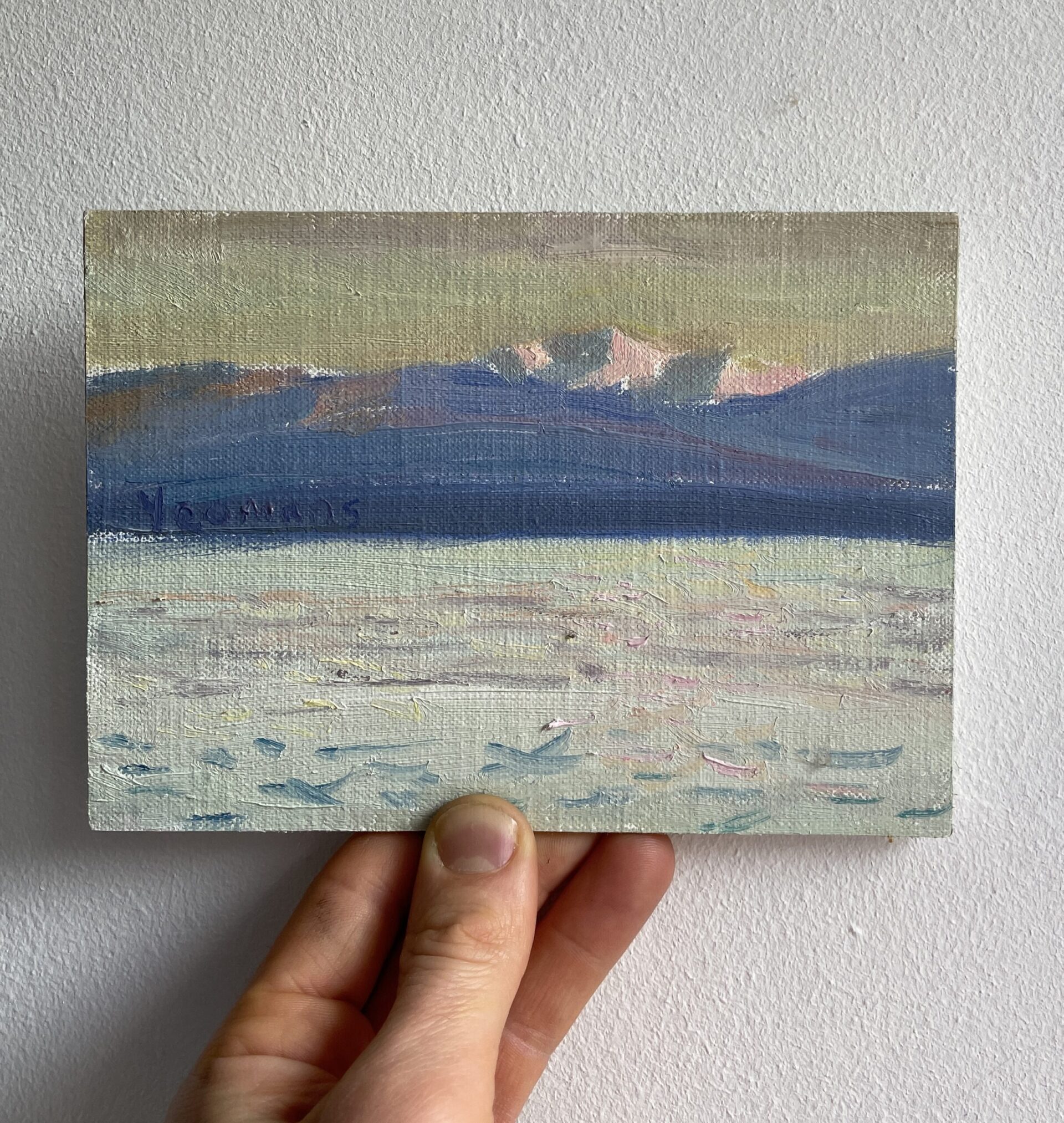 Peinture a l'huile de Mont Blanc depuis Lac Léman.