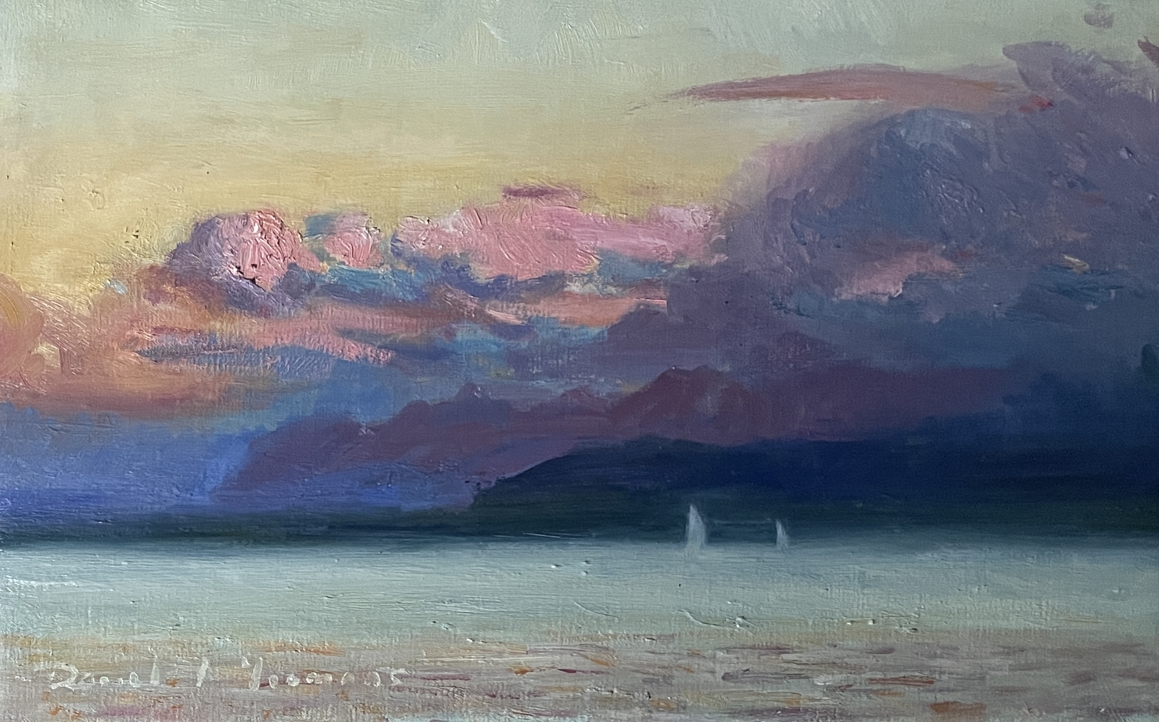 oil painting of the dramatic clouds changing in the sunset light. Lac Léman