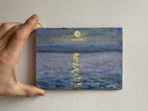 oil painting of full moon reflections on the lake