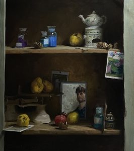 An oil painting of the still life cupboard in Autumn