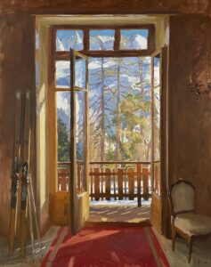 Interior painting of Hotel & Kurhaus Arolla going on sale at the Art_Champéry Auction