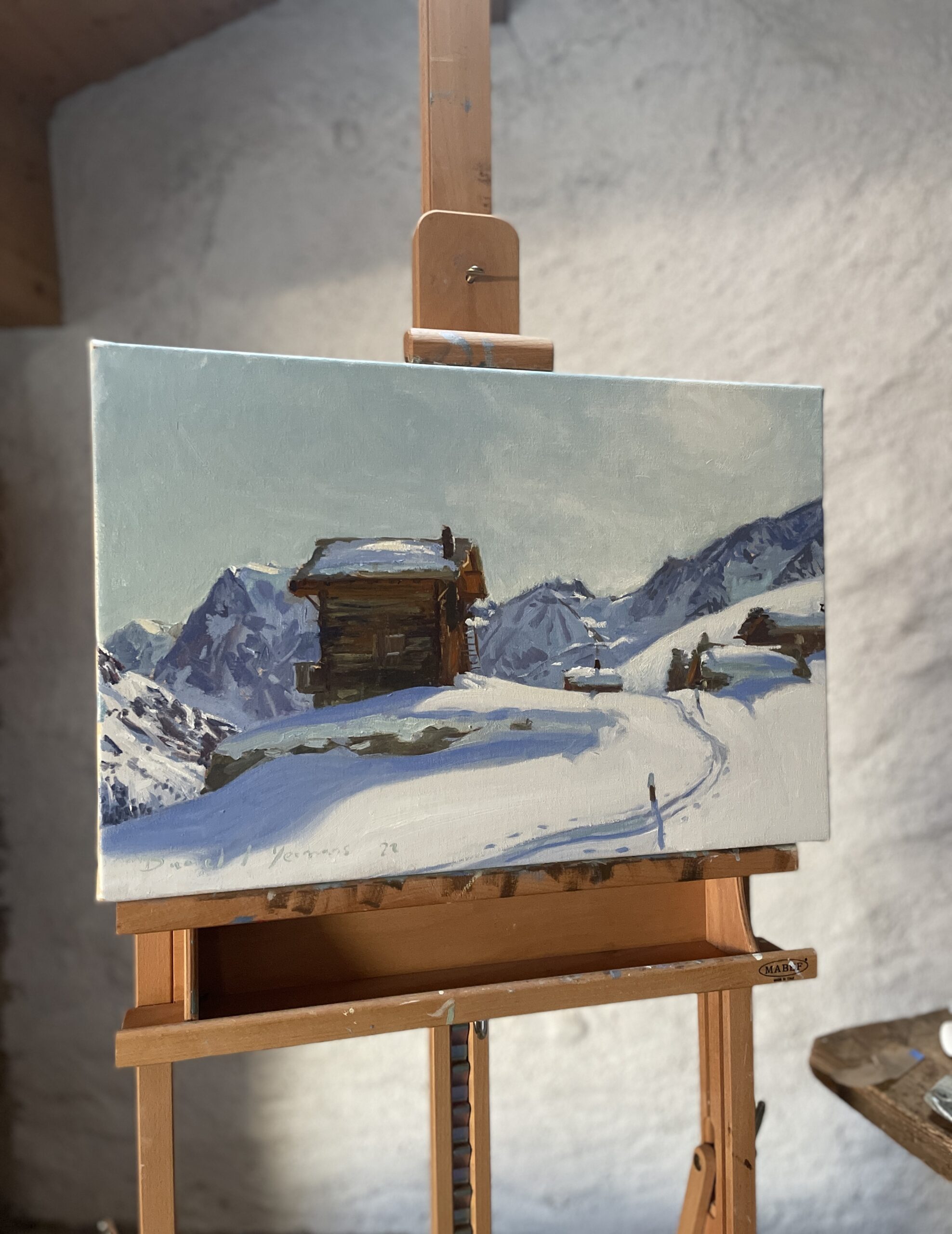 Oil painting of Swiss huts in Arolla. Val D'Herens
