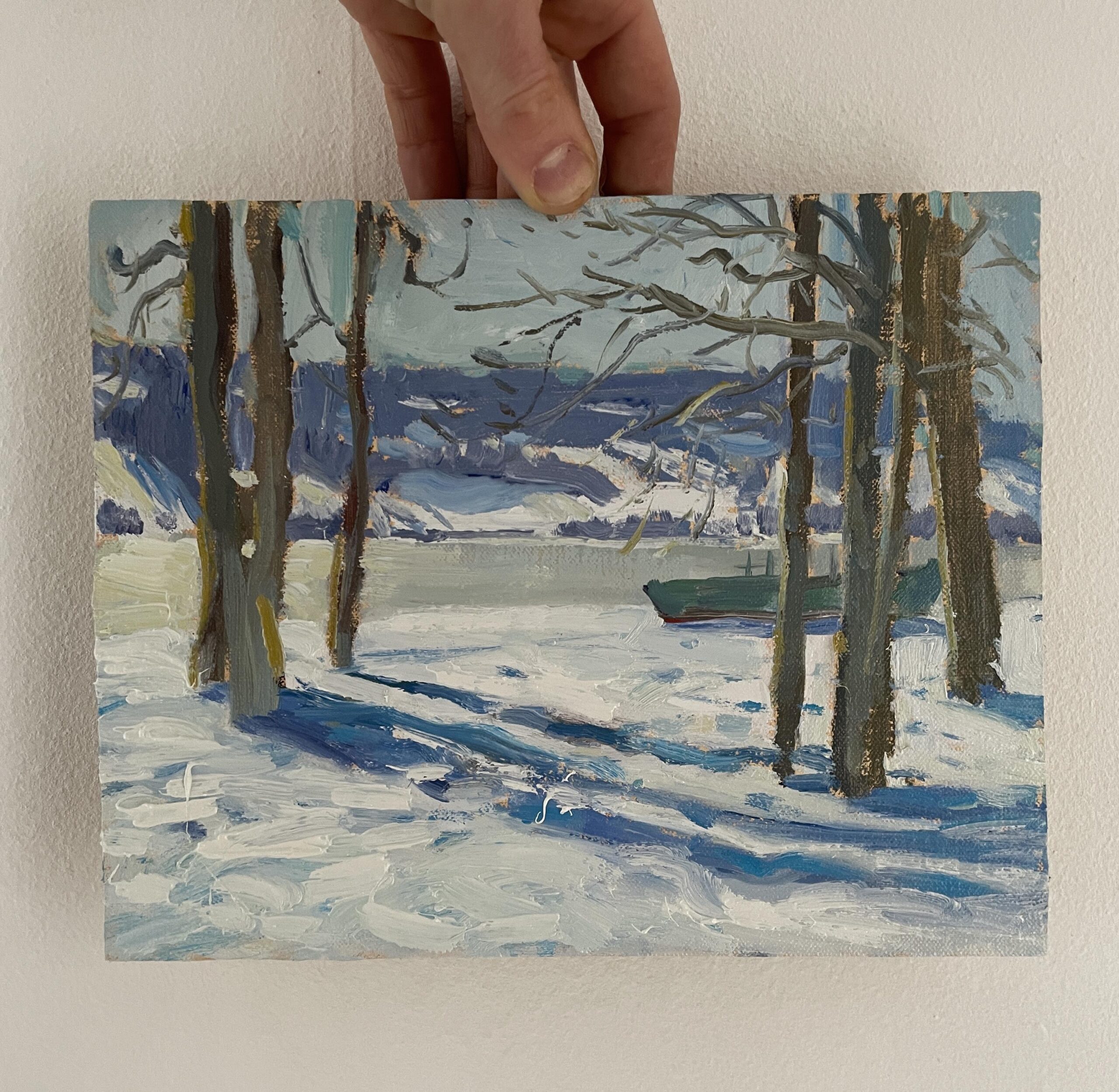 Oil painting of Lac de joux, frozen in winter