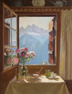 Oil painting of a window view in champéry. Champery art