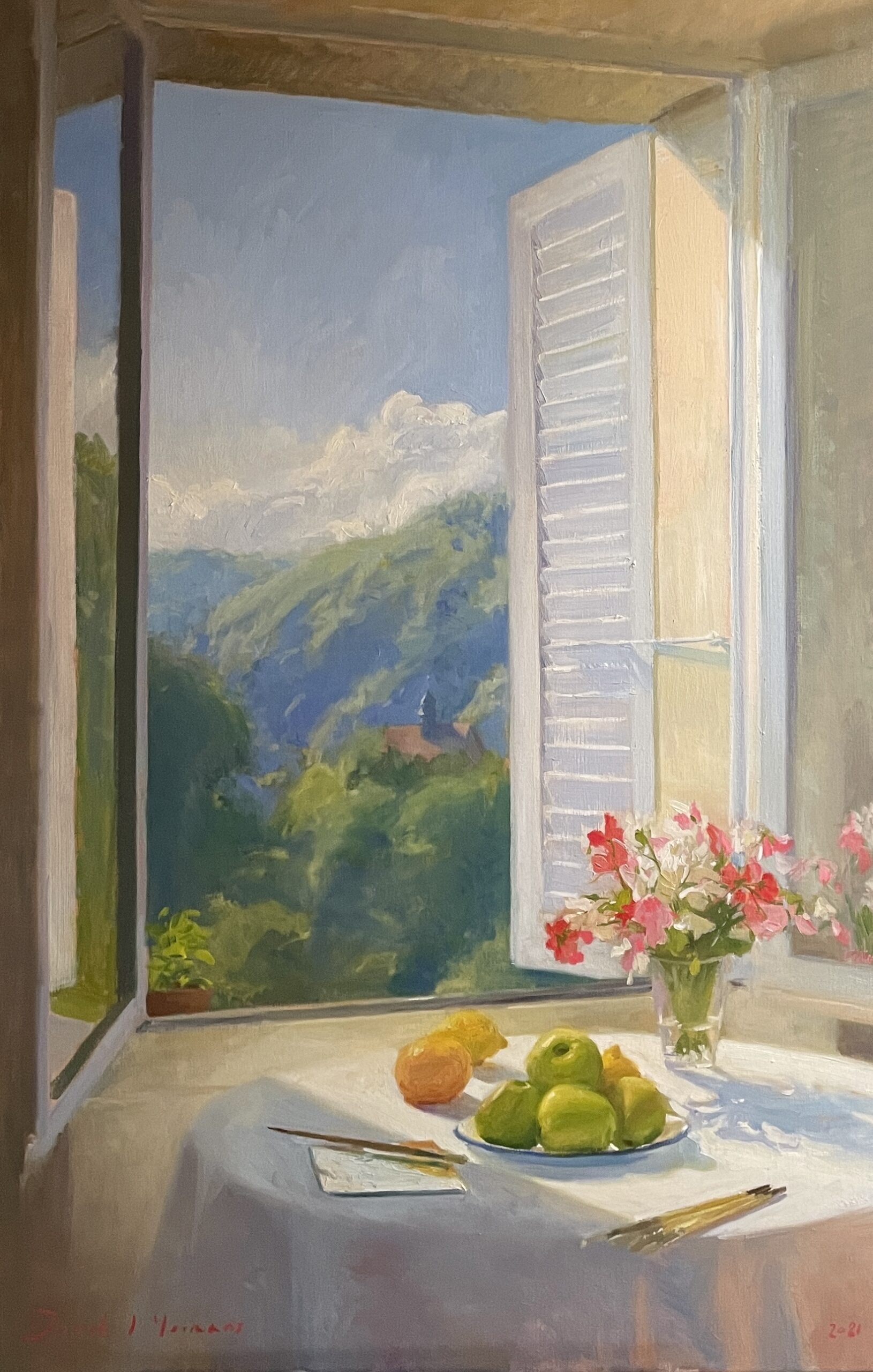 oil painting of a window overlooking the forest in Fribourg below