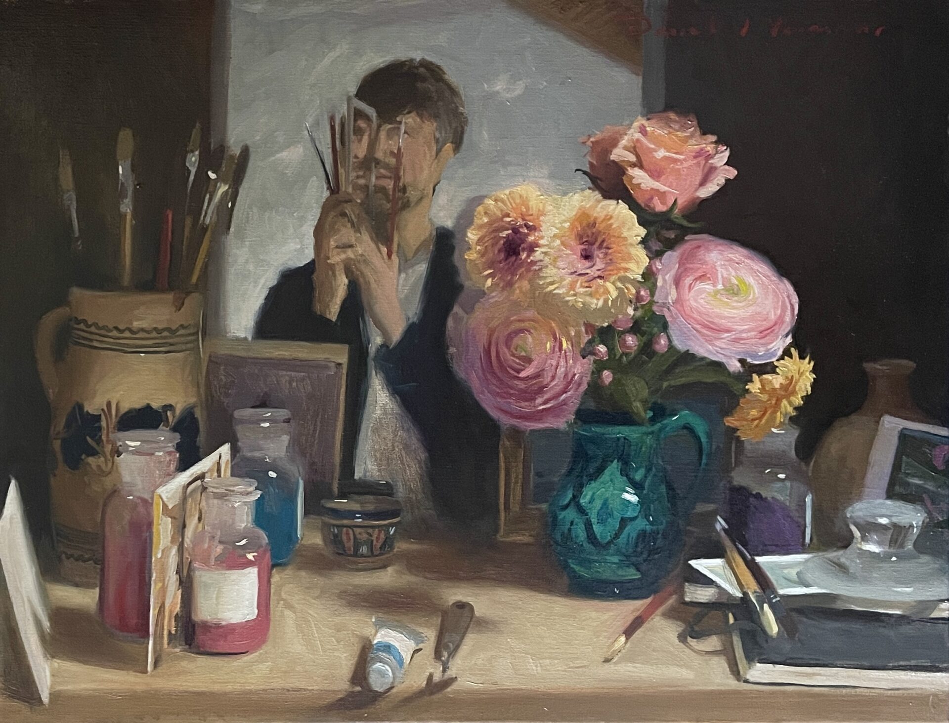 A still life painting with self portrait