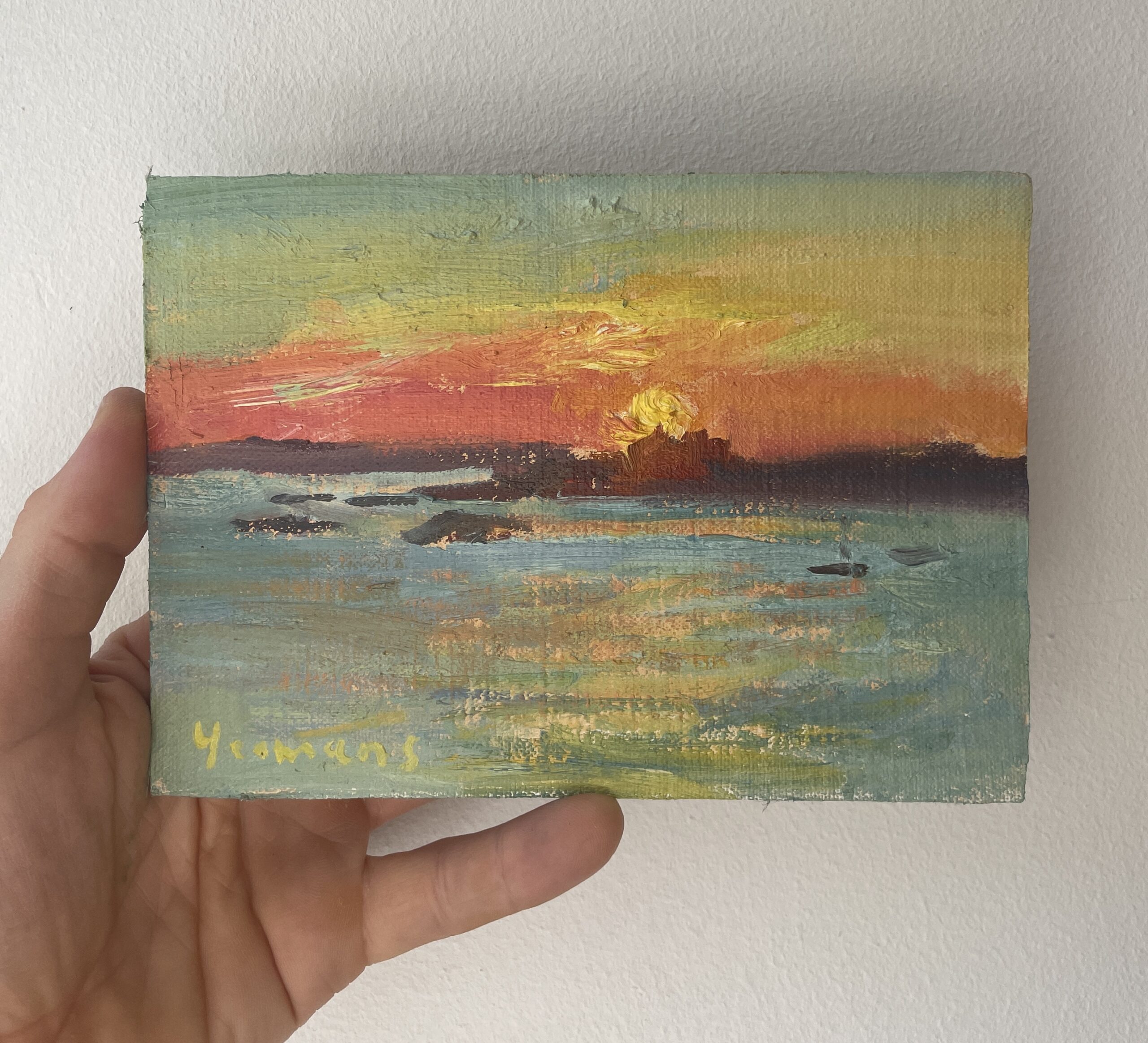 oil painting of a Sunset over Treaddur bay