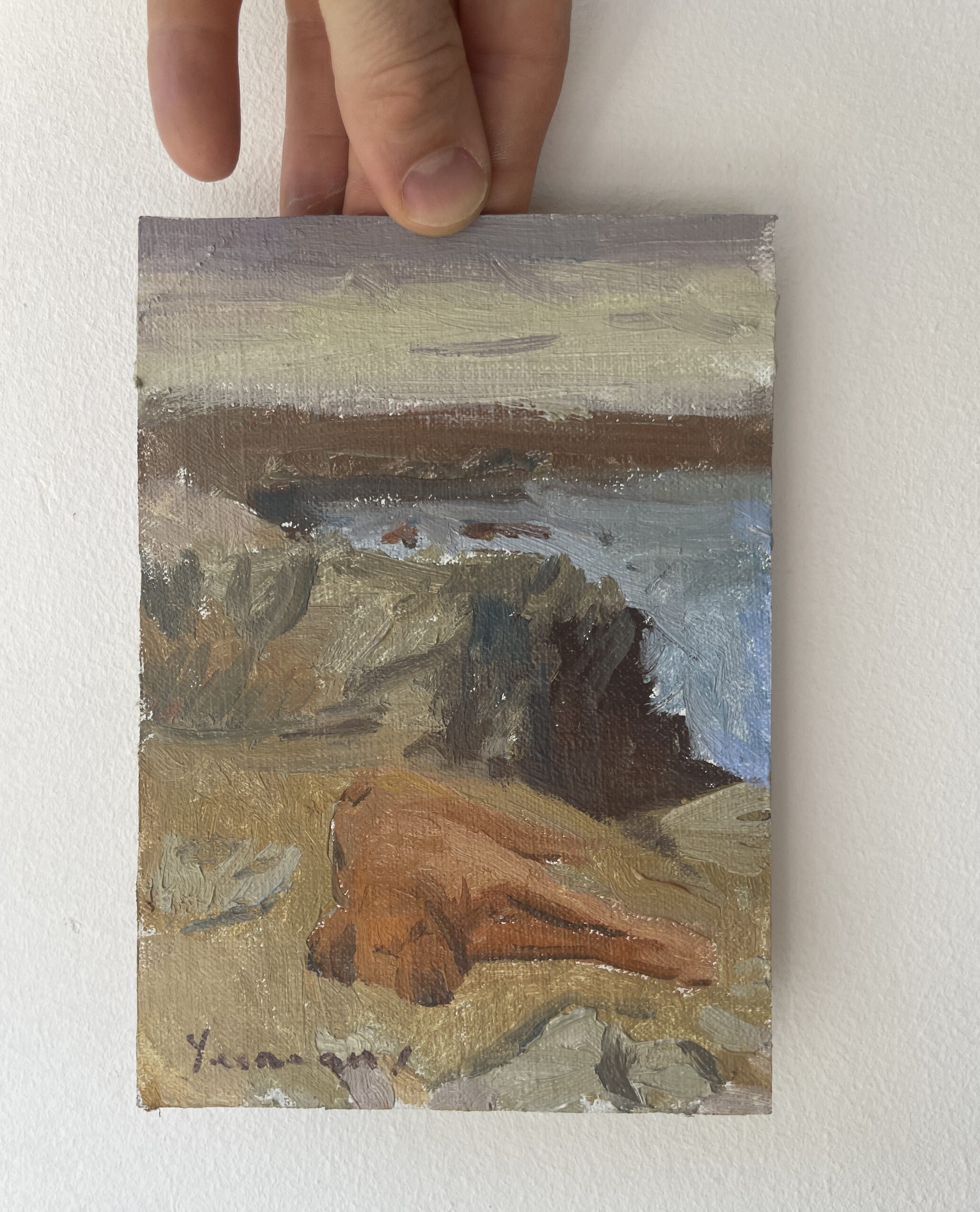 oil painting of dog on the cliffs