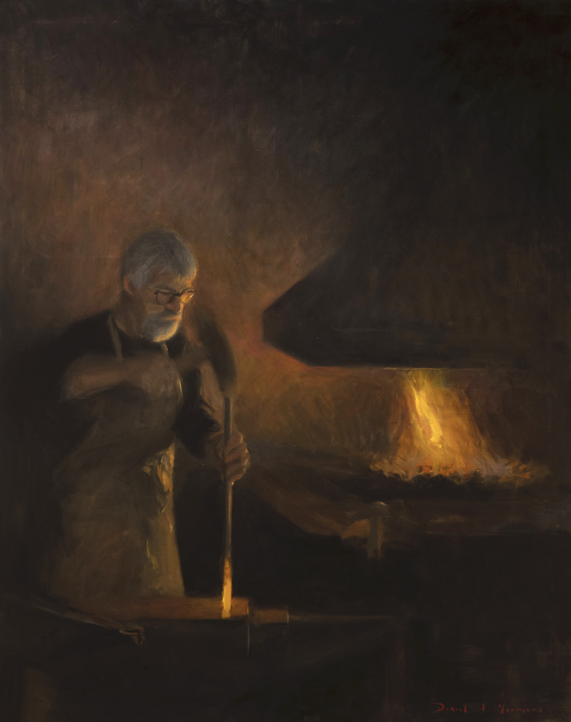 An oil painting of a blacksmith at the The Forge,