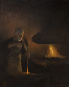 Oil painting of a blacksmith working at the forge