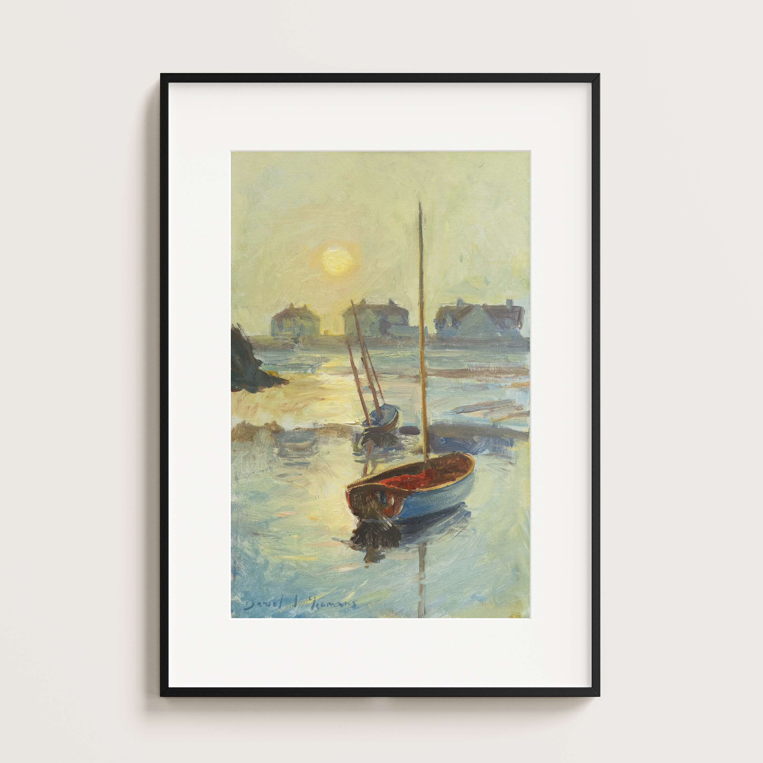 AN oil painting of a Boat in the morning mist. 35x55cm .