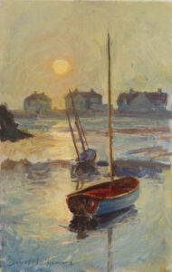 Oil painting of Red boat in the mist.